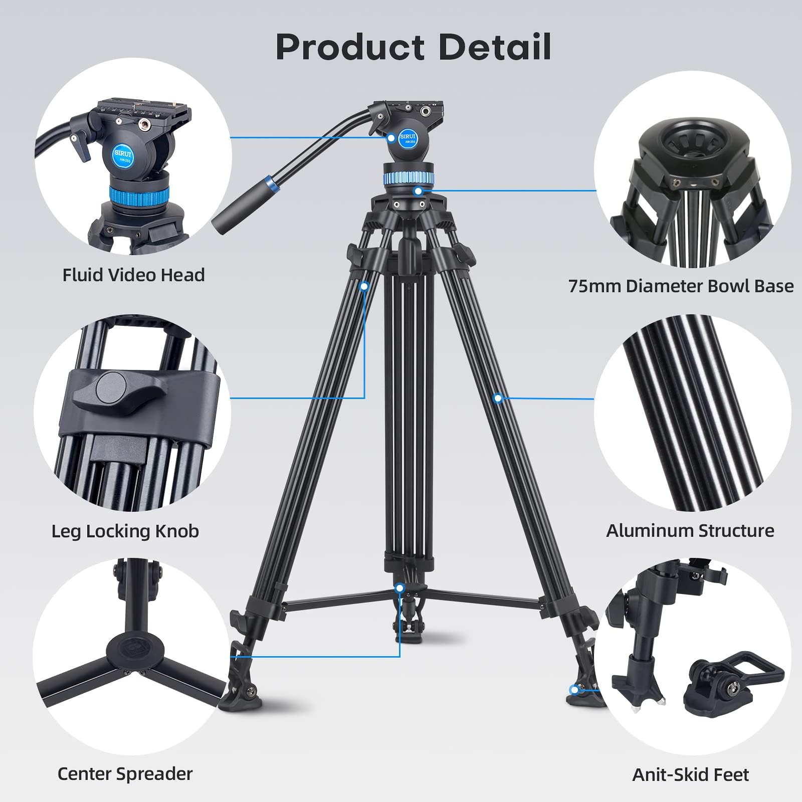 SIRUI AM-25S Video Tripod, 74.8" Professional Heavy Duty Tripod with Adjustable Damping Fluid Head for DSLR, Camcorder, Cameras, 360° Pan & +90°/-75° Tilt, Quick Release Plate, Max Load 22.0lb