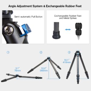 SIRUI AM-254 Carbon Fiber Camera Tripod, 47" Lightweight Compact Travel Tripod, 4-Section Legs, Twist Locks, Steel Spikes, Loads up to 26.5lbs/12kg