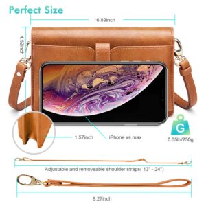 nuoku Women Small Crossbody Bag Cellphone Purse Wallet with RFID Card Slots 2 Straps Wristlet, Brown