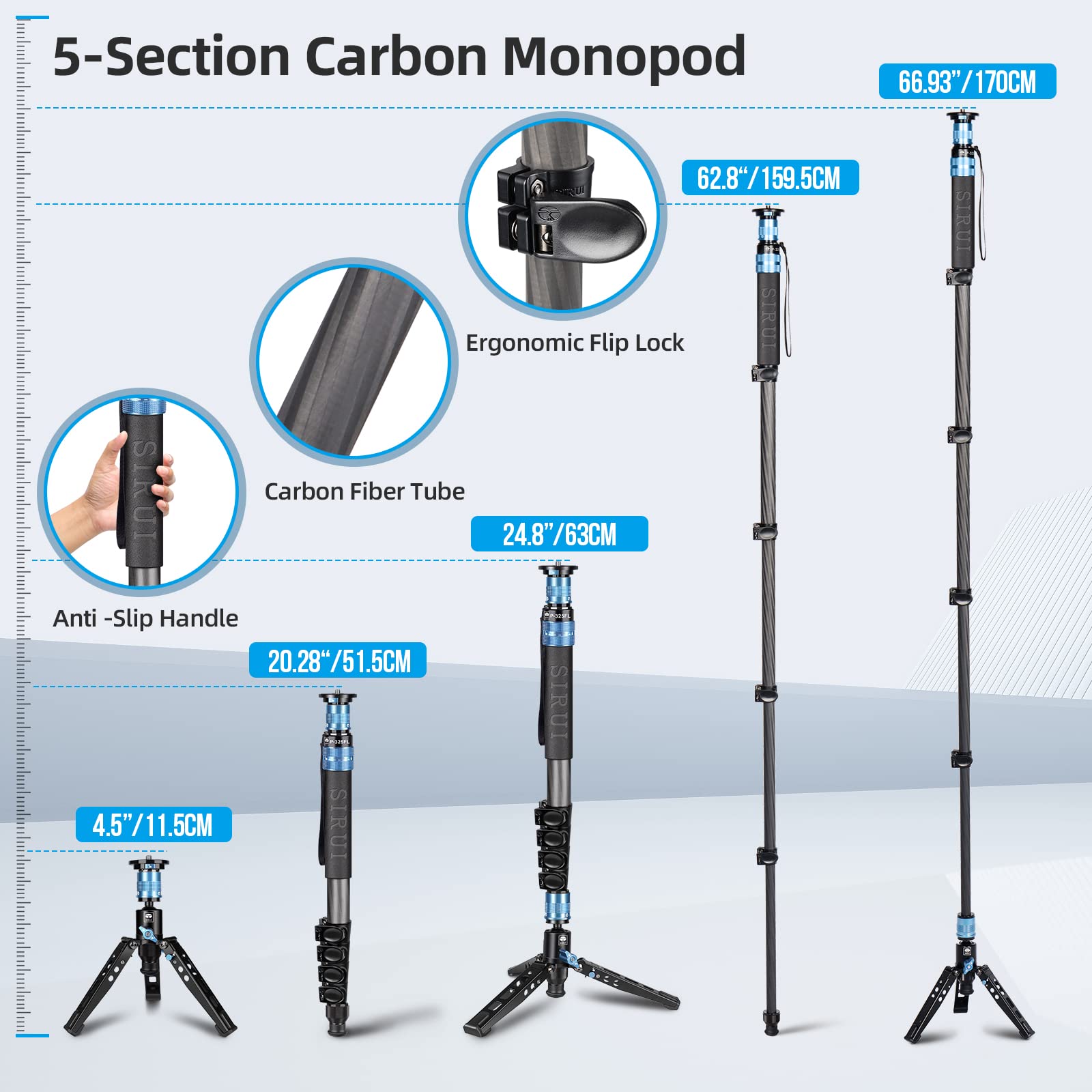 SIRUI P-325FL Carbon Fiber Monopod with Feet, 67" Professional Monopod for Cameras, Lightweight Travel Monopod for DSLR Camera, Max Load 22lbs, 360° Panorama, 5-Section, Quick Release Plate