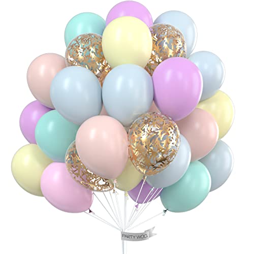 PartyWoo Pastel Balloons, 60 pcs 12 Inch Pastel Latex Balloons, Gold Glitter Balloons, Pastel Colour Balloons for Pastel Party Decorations, Pastel Birthday Decorations, Pastel Rainbow Party Supplies