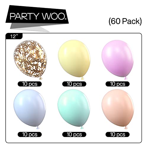 PartyWoo Pastel Balloons, 60 pcs 12 Inch Pastel Latex Balloons, Gold Glitter Balloons, Pastel Colour Balloons for Pastel Party Decorations, Pastel Birthday Decorations, Pastel Rainbow Party Supplies