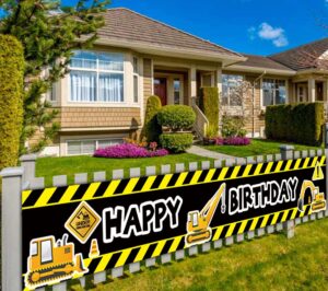 large construction vehicle happy birthday banner baby boy toddler kids construction theme birthday party decoration supplies construction bday party backdrop background outdoor indoor (9.8 x 1.6 feet)