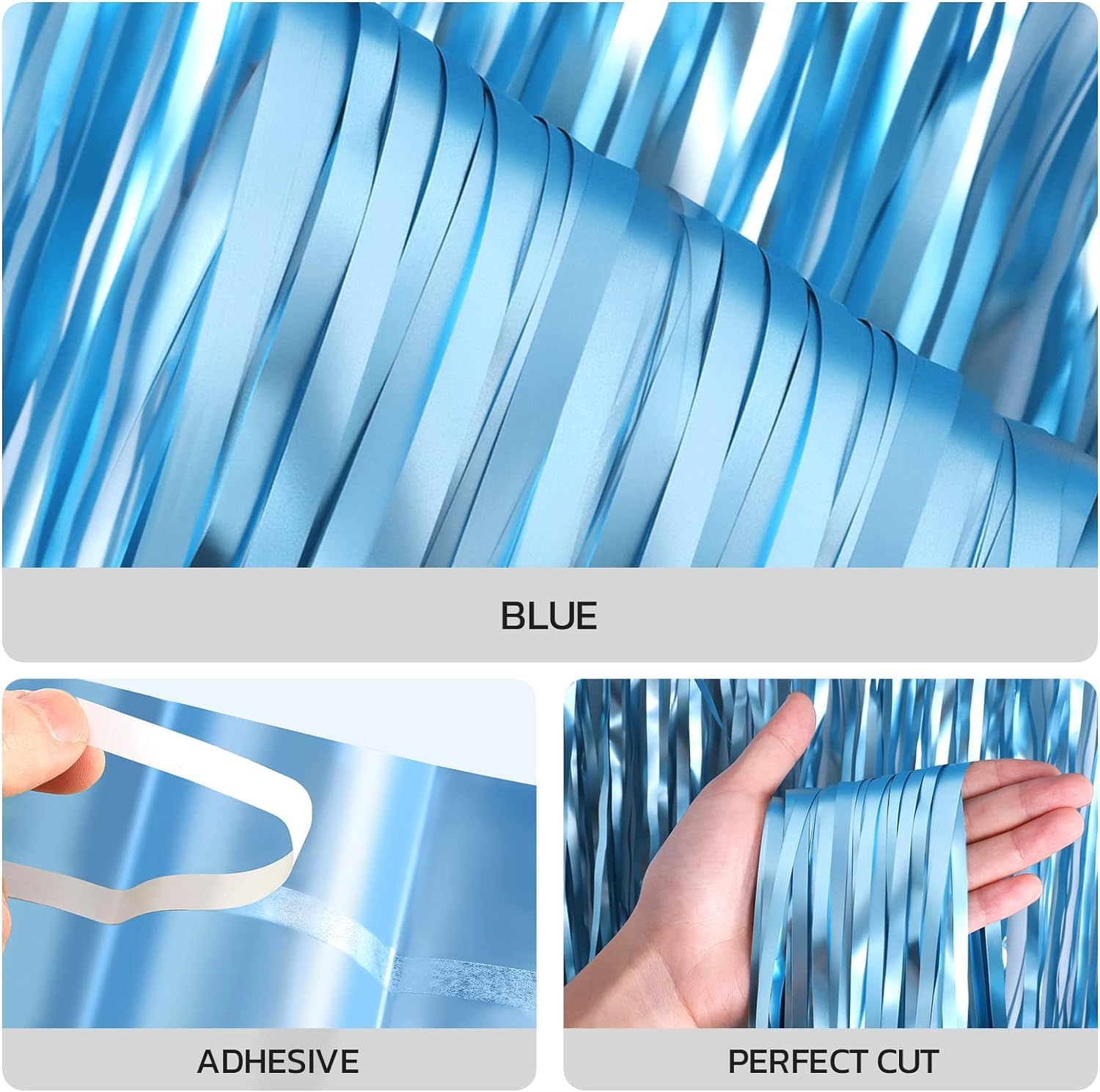 3 Pack Foil Curtains Metallic Foil Fringe Curtain-JVIGUE，Birthday Party Photo Backdrop Wedding Event Decor (Pale Blue Decorative Streamers)