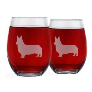 corgi stemless wine glasses (set of 2) | unique gift for dog lovers | hand etched with breed name on bottom