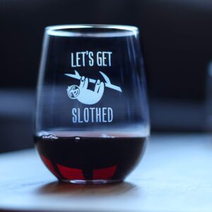 Let’s Get Slothed – Cute Funny Stemless Wine Glass, Large 17 Ounces, Etched Sayings, Gift Box