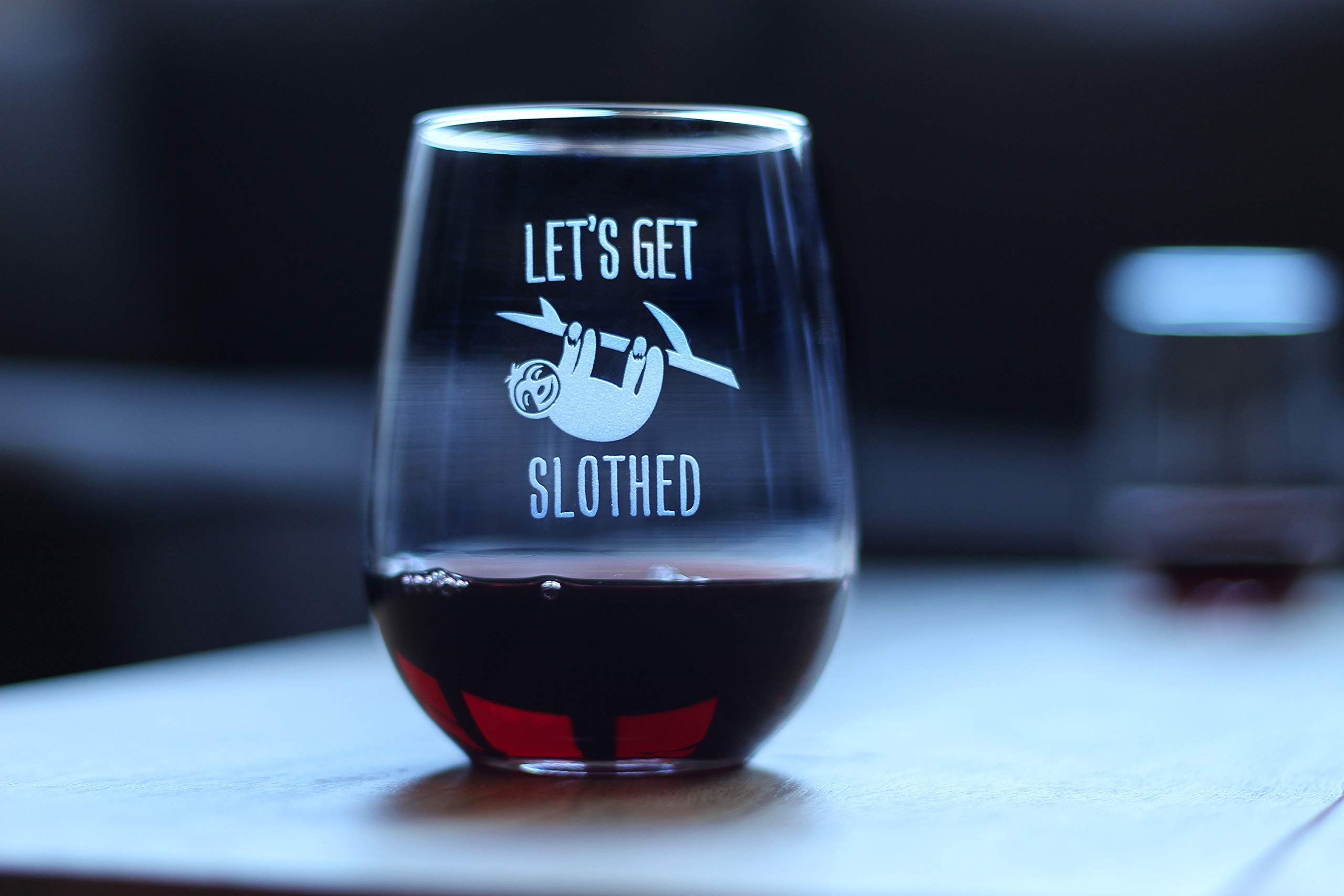 Let’s Get Slothed – Cute Funny Stemless Wine Glass, Large 17 Ounces, Etched Sayings, Gift Box