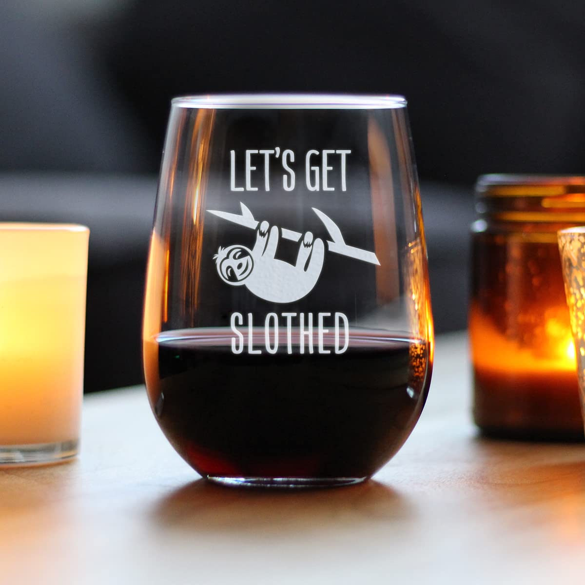 Let’s Get Slothed – Cute Funny Stemless Wine Glass, Large 17 Ounces, Etched Sayings, Gift Box