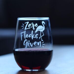 Zero Flocks Given – Cute Funny Flamingo Stemless Wine Glass, Large 17 Ounce, Etched Sayings, Gift Box