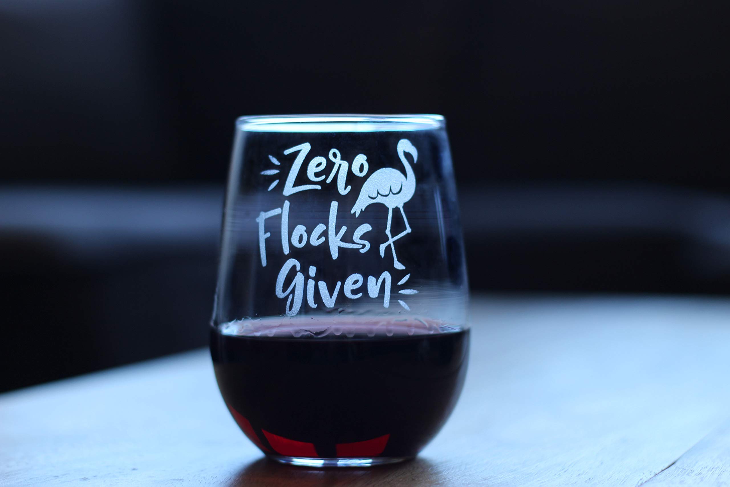 Zero Flocks Given – Cute Funny Flamingo Stemless Wine Glass, Large 17 Ounce, Etched Sayings, Gift Box