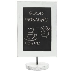 mygift 12-inch vintage white wood chalkboard sign tabletop wooden framed small chalkboard with round pedestal stand, display vertical or horizontal