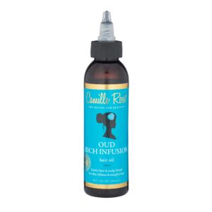 camille rose oud rich infusion hair oil, for dry lifeless tangled hair, detangles smooths & hydrates 4 fl oz