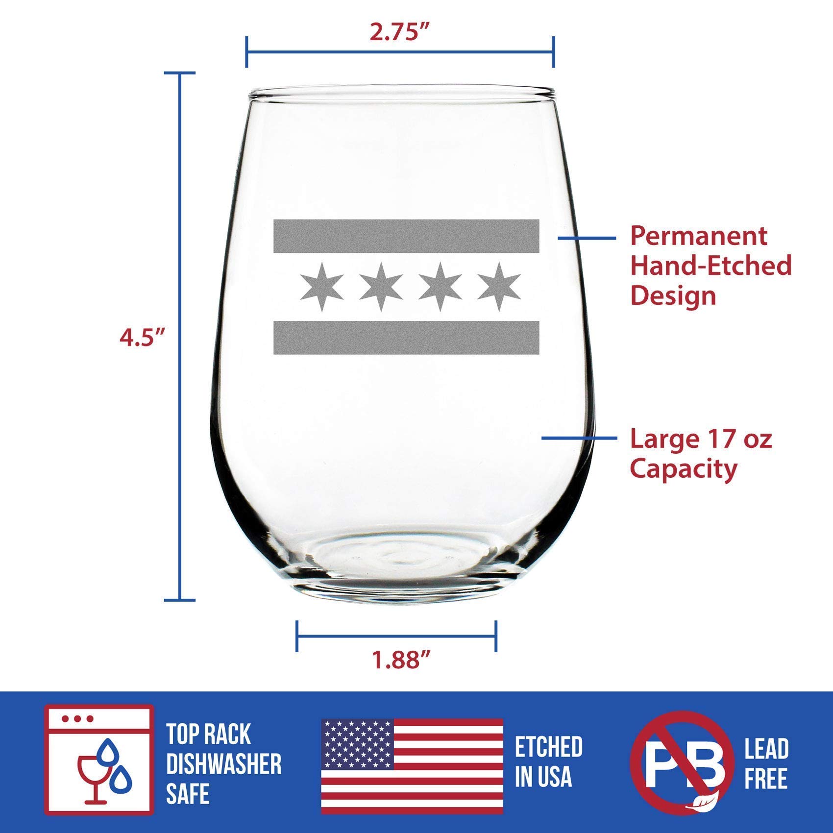 Chicago Flag – Stemless Wine Glasses - Chitown Gifts - Large 17 Ounce