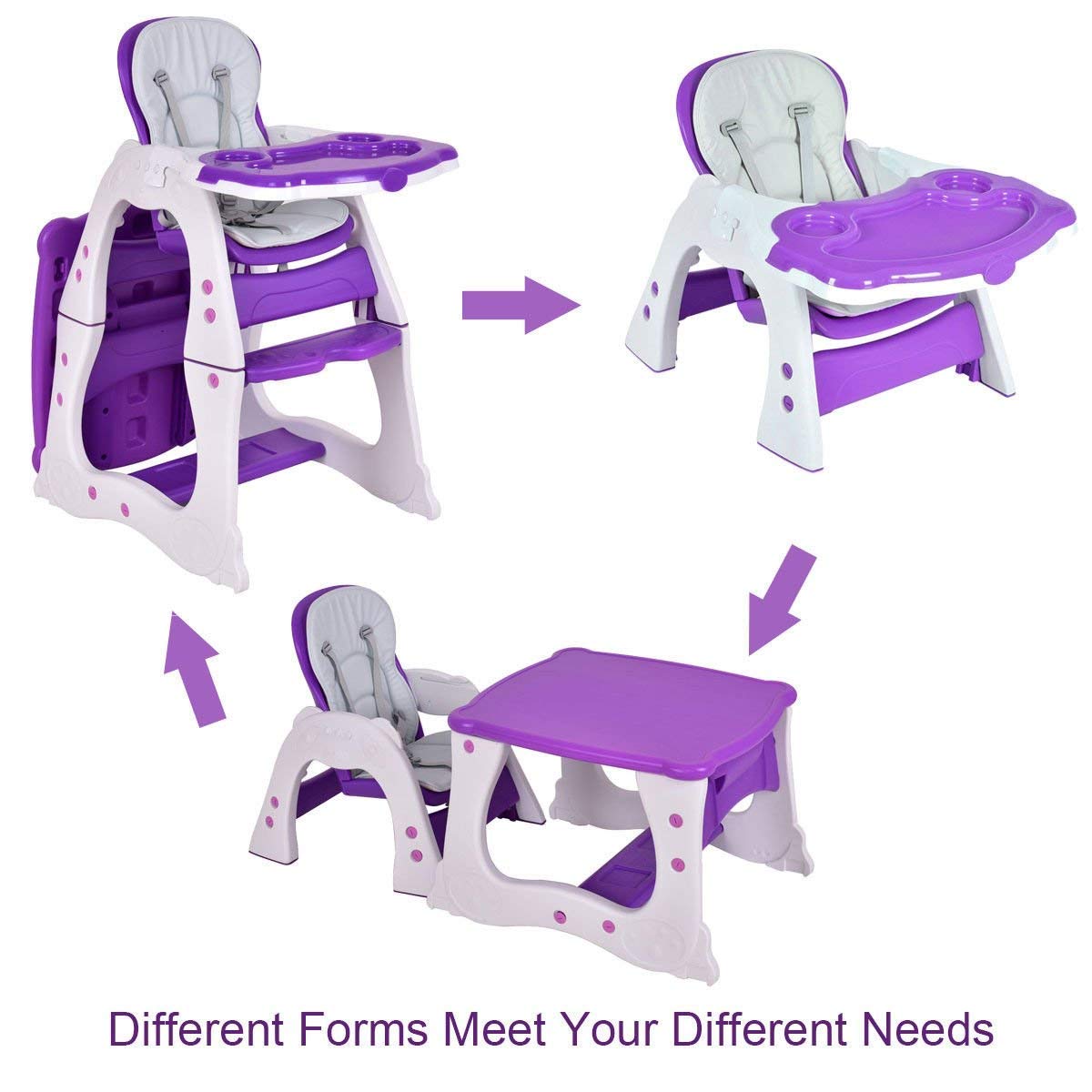 HONEY JOY 5 in 1 High Chair, Convertible Highchair for Babies and Toddlers/Table Chair Set/Booster Seat/Toddler Chair w/Safety Harness, Reclining Backrest, Double Food Tray (Purple)