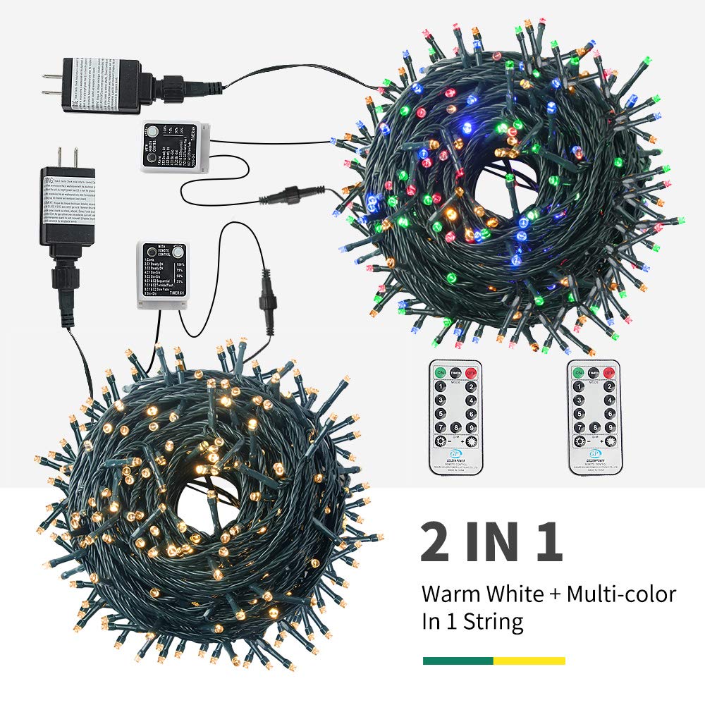 MZD8391 Color Changing Christmas String Lights Outdoor Indoor, 108FT 300 LED Warm White Multicolor Fairy Lights, END to END Connect, Waterproof Christmas Tree Lights Timer Remote