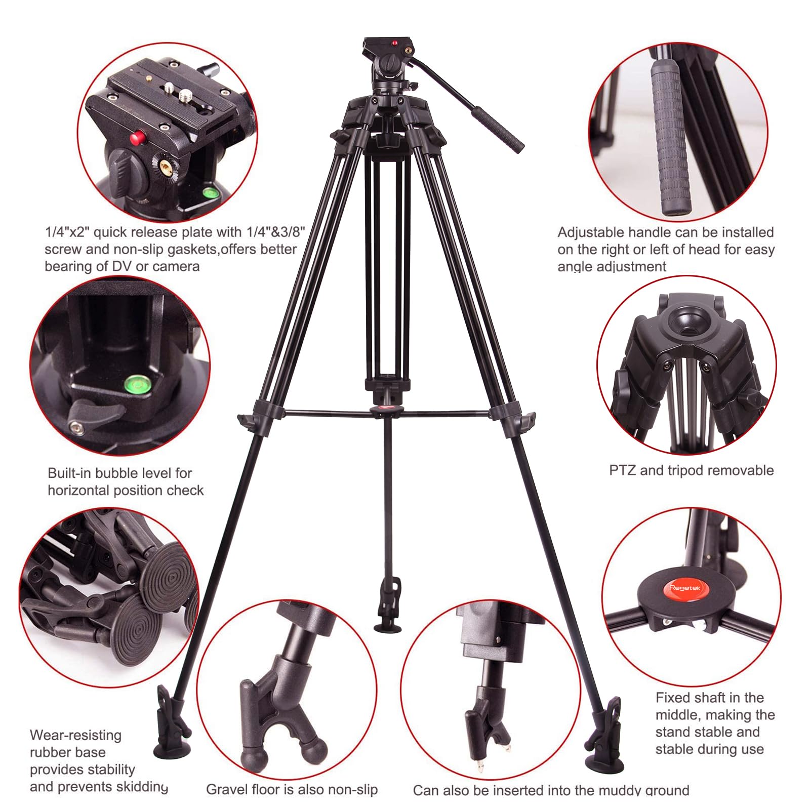 Video Tripod System, Regetek 72 Inch Professional Heavy Duty Aluminum Adjustable Photography Camera Tripod Stand with 360 Degree Fluid Drag Pan Head & Carry Bag for for Canon Nikon DV DSLR Camcorder