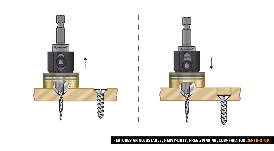 Amana Tool 55151 Carbide Tipped 82 Degree Countersink with Tapered Drill and Adjustable Depth Stop with No-Thrust BB 3/8 D x 1/8 Drill D x 1/4 Inch Quick Release Hex SHK