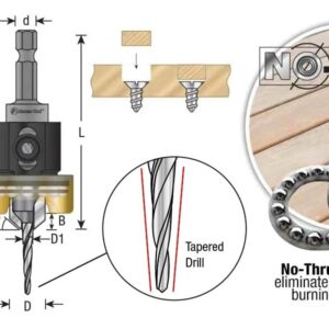 Amana Tool 55151 Carbide Tipped 82 Degree Countersink with Tapered Drill and Adjustable Depth Stop with No-Thrust BB 3/8 D x 1/8 Drill D x 1/4 Inch Quick Release Hex SHK