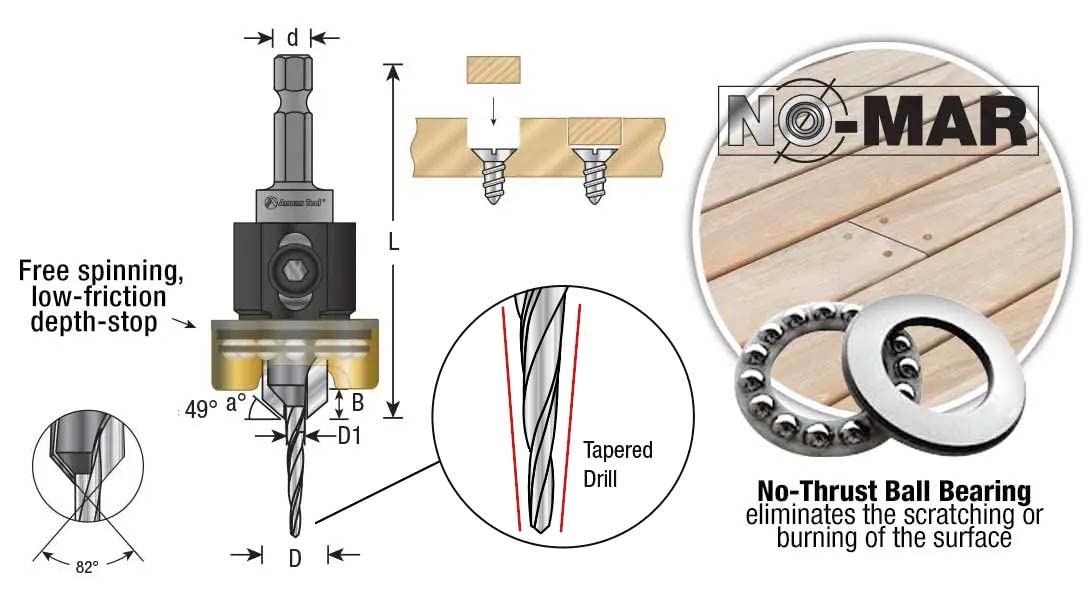 Amana Tool 55151 Carbide Tipped 82 Degree Countersink with Tapered Drill and Adjustable Depth Stop with No-Thrust BB 3/8 D x 1/8 Drill D x 1/4 Inch Quick Release Hex SHK