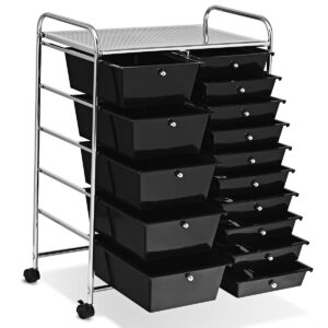 Giantex 15 Drawer Rolling Storage Cart Tools Scrapbook Paper Office School Organizer, Black