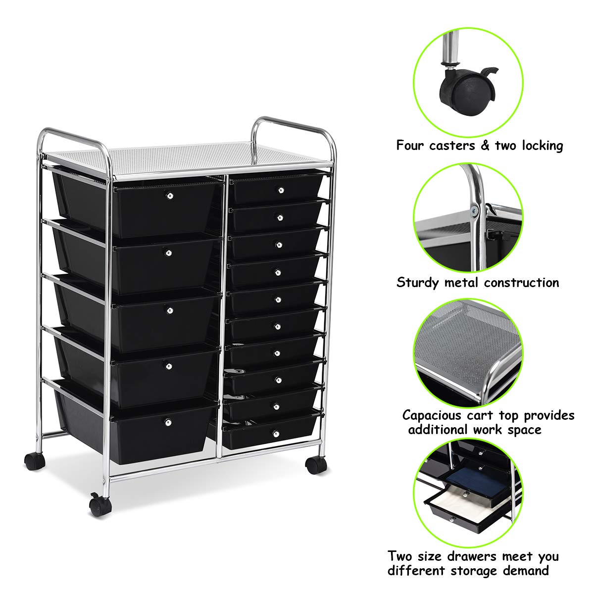 Giantex 15 Drawer Rolling Storage Cart Tools Scrapbook Paper Office School Organizer, Black