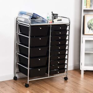 Giantex 15 Drawer Rolling Storage Cart Tools Scrapbook Paper Office School Organizer, Black