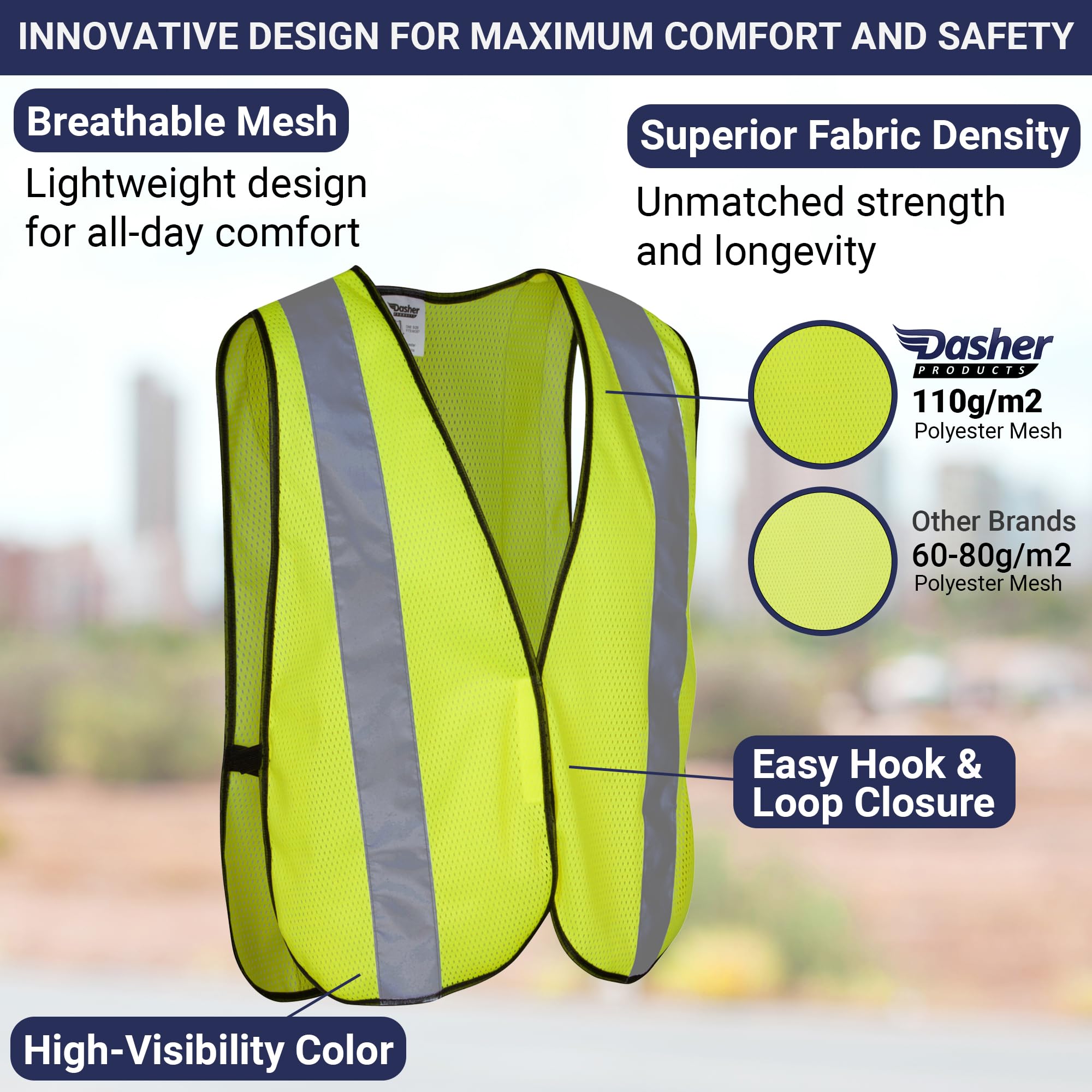 Safety Vest with High Visibility - 2 Inch Reflective Strips, Bright Neon Yellow, Breathable Polyester Mesh Fabric, ANSI ISEA Class Unrated, Hi Viz All Day and Night (10 Pack - XL-XXXL)