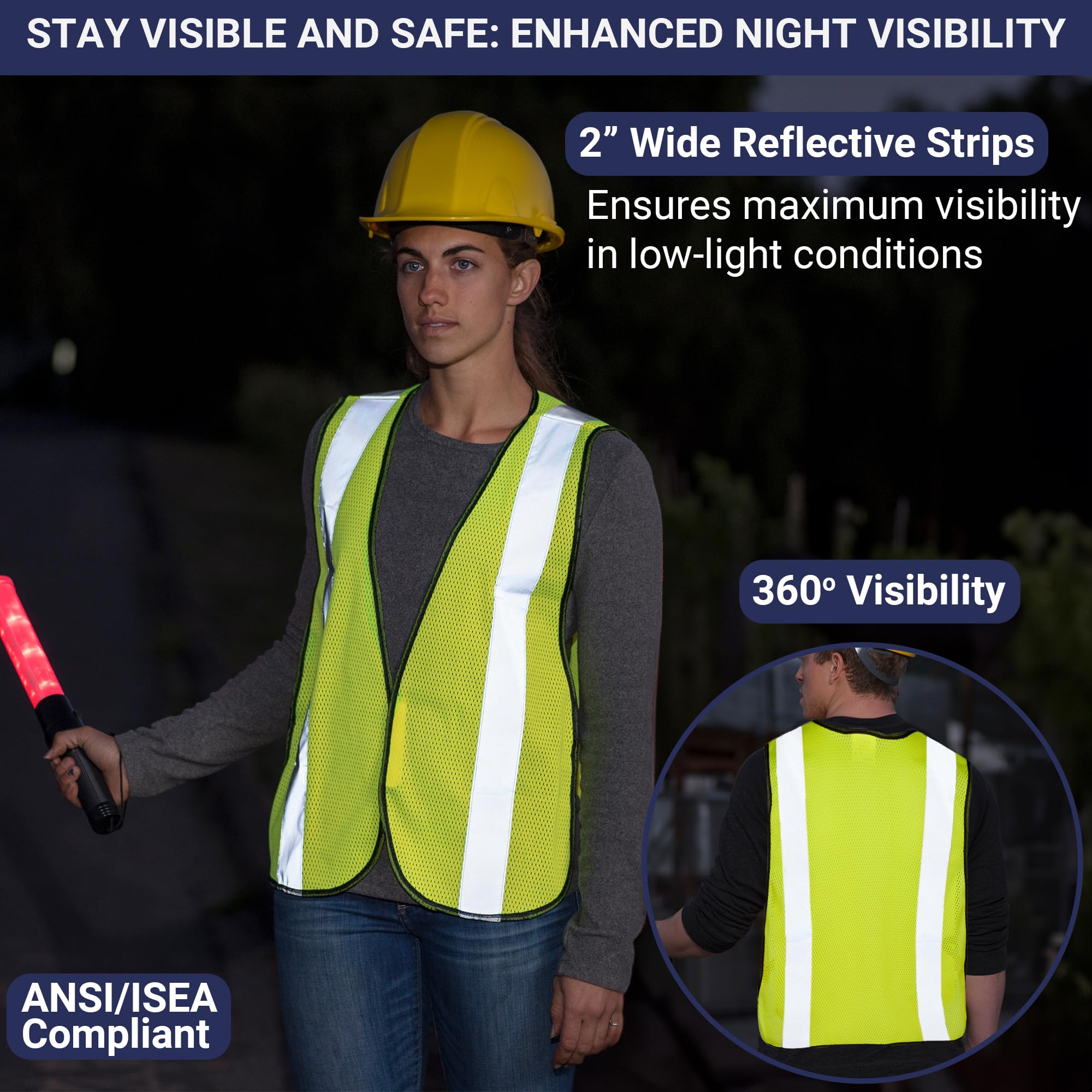 Safety Vest with High Visibility - 2 Inch Reflective Strips, Bright Neon Yellow, Breathable Polyester Mesh Fabric, ANSI ISEA Class Unrated, Hi Viz All Day and Night (10 Pack - XL-XXXL)