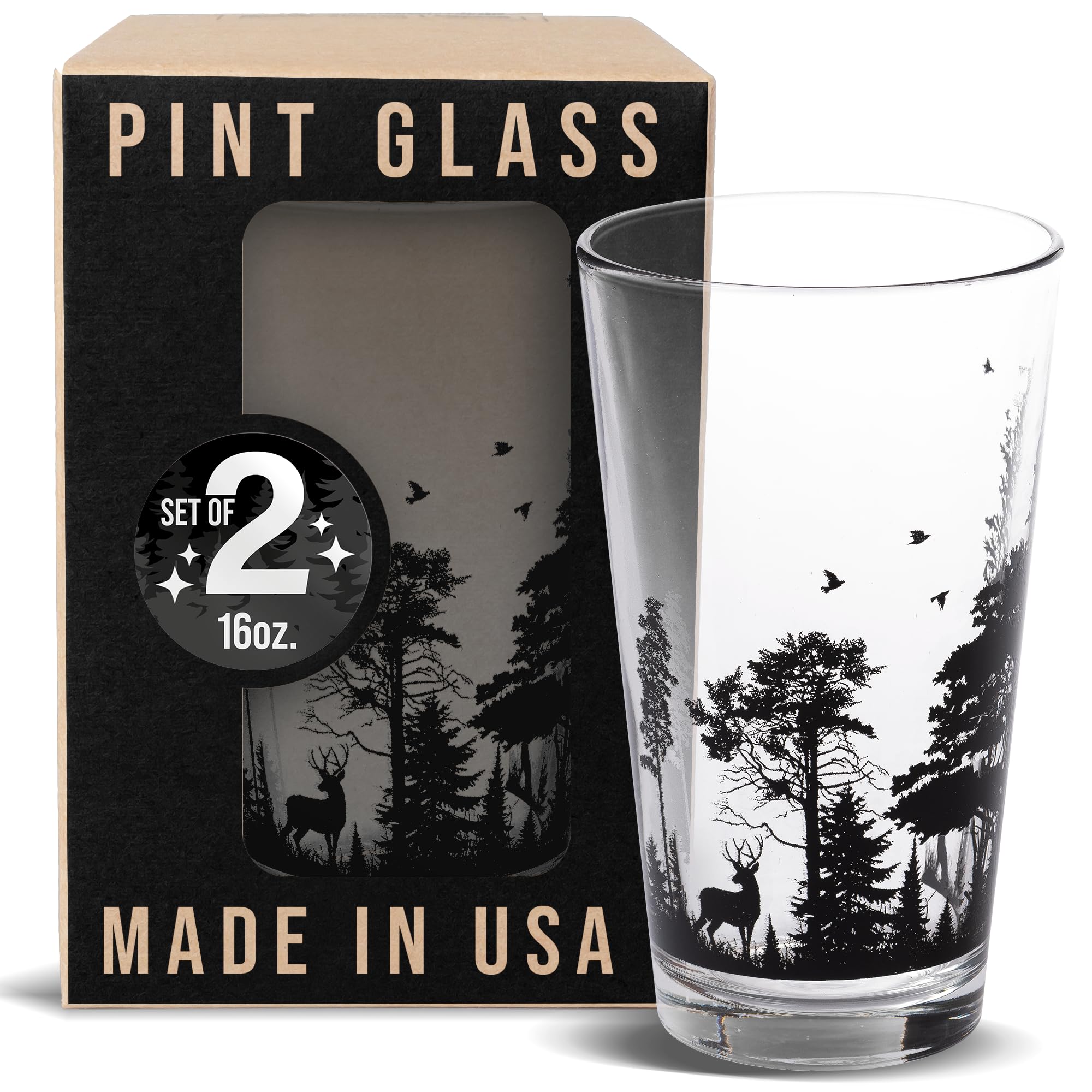 Black Lantern Handmade Themed Pint Glasses – Pint Glasses in Unique Designs for Craft Beer Enthusiasts and Home Bars - (Set of Two 16oz. Glasses) Forest and Animals Design