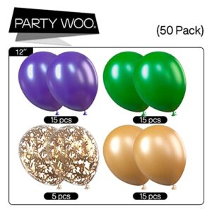 PartyWoo Purple Green Gold Balloons 50 pcs 12 Inch Purple Balloons Gold Balloons Hunter Green Balloons and Gold Confetti Balloons for Carnival, Vintage Party, Little Mermaid Party, Aladdin Party