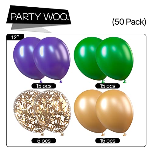 PartyWoo Purple Green Gold Balloons 50 pcs 12 Inch Purple Balloons Gold Balloons Hunter Green Balloons and Gold Confetti Balloons for Carnival, Vintage Party, Little Mermaid Party, Aladdin Party