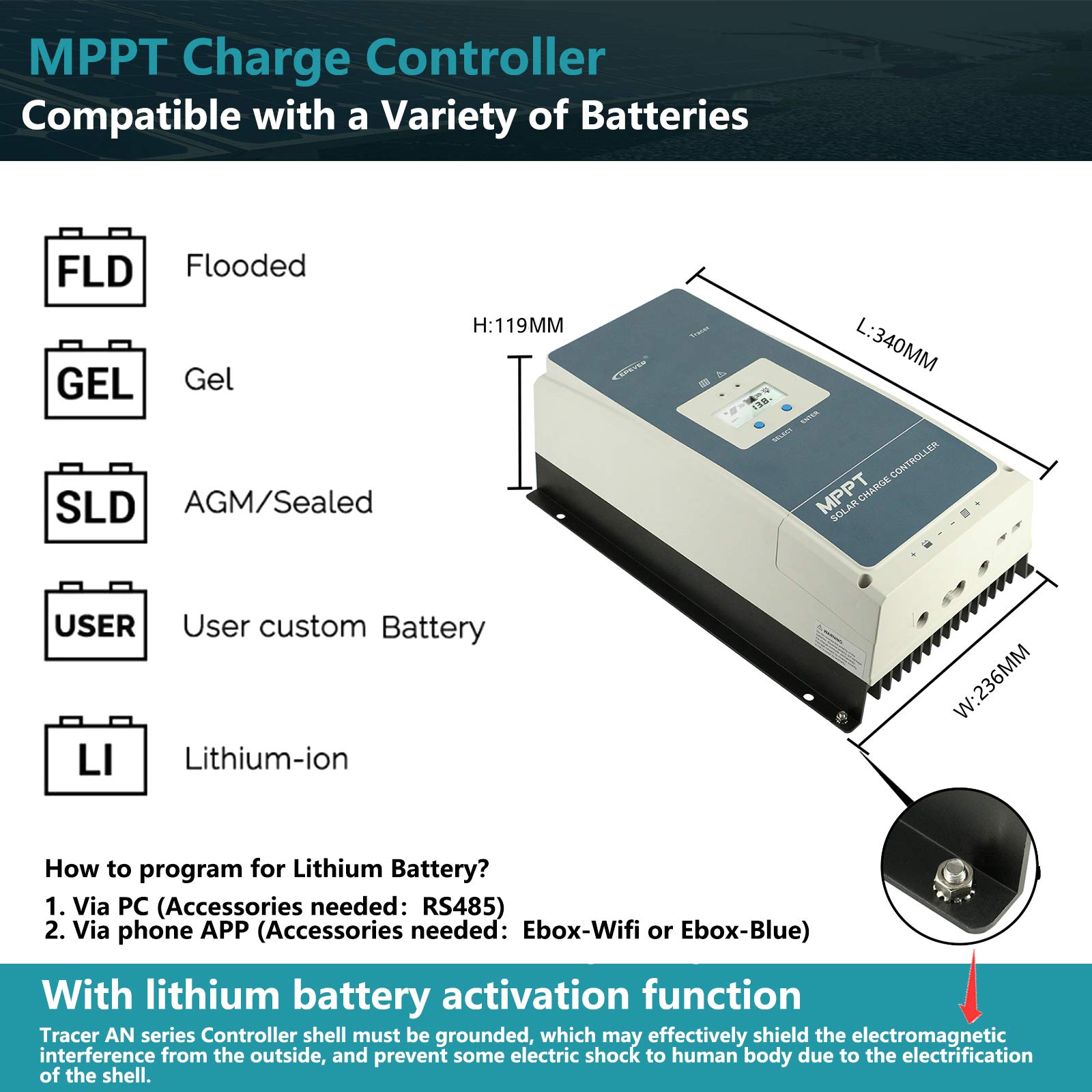 EPEVER 60A MPPT Charge Controller 48V 36V 24V 12V Auto, 60 amp Negative Ground Solar Controller MPPT Max 150V Input fit for Litium Sealed (AGM) Gel Flooded User Battery