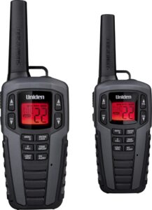 uniden sx507-2ckhs up to 50 mile range two-way radio walkie talkies w/dual charging cradle, waterproof, floats, 22 channels, 142 privacy codes, noaa weather scan + alert, includes 2 headsets, grey