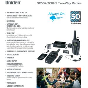 Uniden SX507-2CKHS Up to 50 Mile Range Two-Way Radio Walkie Talkies W/Dual Charging Cradle, Waterproof, Floats, 22 Channels, 142 Privacy Codes, NOAA Weather Scan + Alert, Includes 2 Headsets, Grey