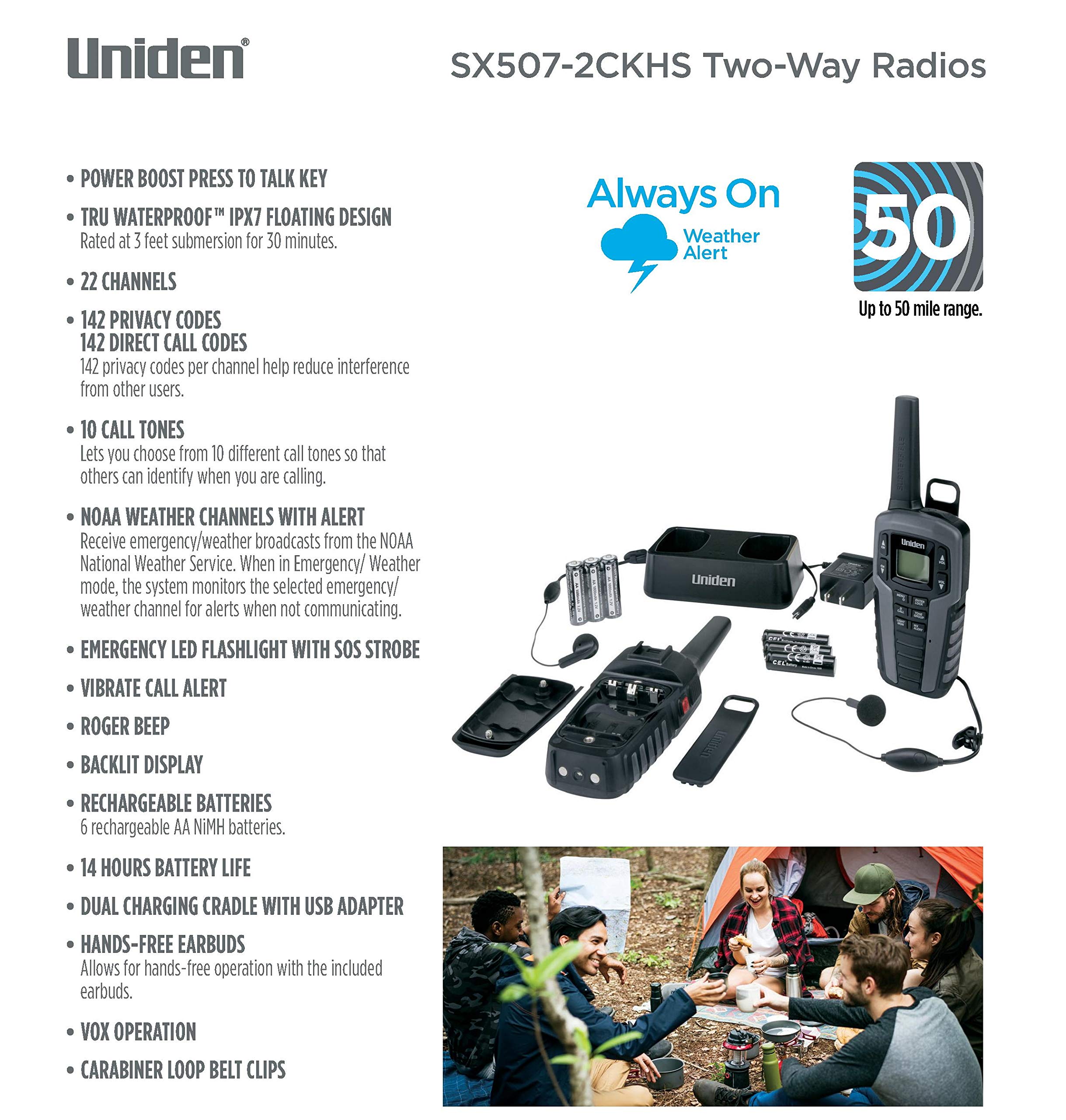 Uniden SX507-2CKHS Up to 50 Mile Range Two-Way Radio Walkie Talkies W/Dual Charging Cradle, Waterproof, Floats, 22 Channels, 142 Privacy Codes, NOAA Weather Scan + Alert, Includes 2 Headsets, Grey