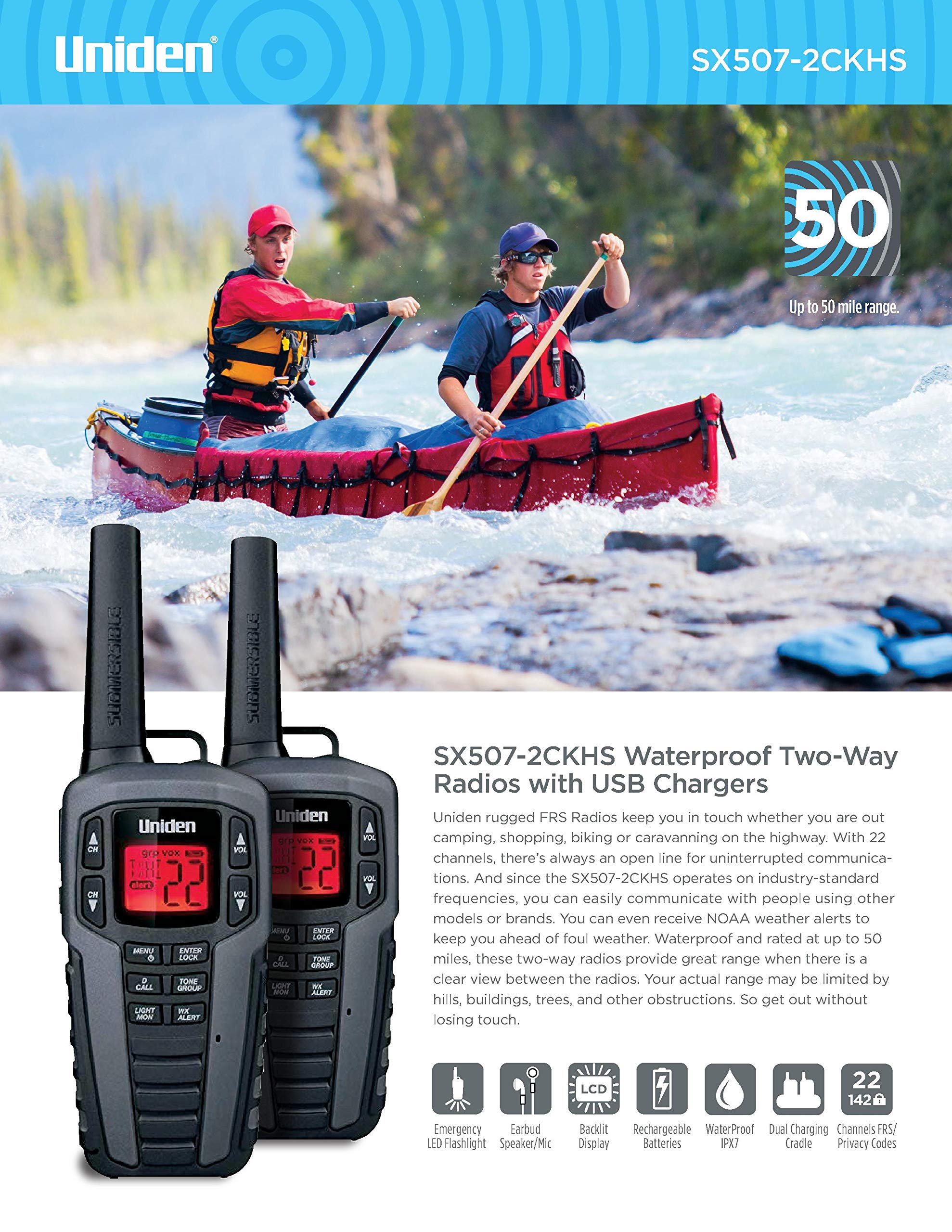 Uniden SX507-2CKHS Up to 50 Mile Range Two-Way Radio Walkie Talkies W/Dual Charging Cradle, Waterproof, Floats, 22 Channels, 142 Privacy Codes, NOAA Weather Scan + Alert, Includes 2 Headsets, Grey