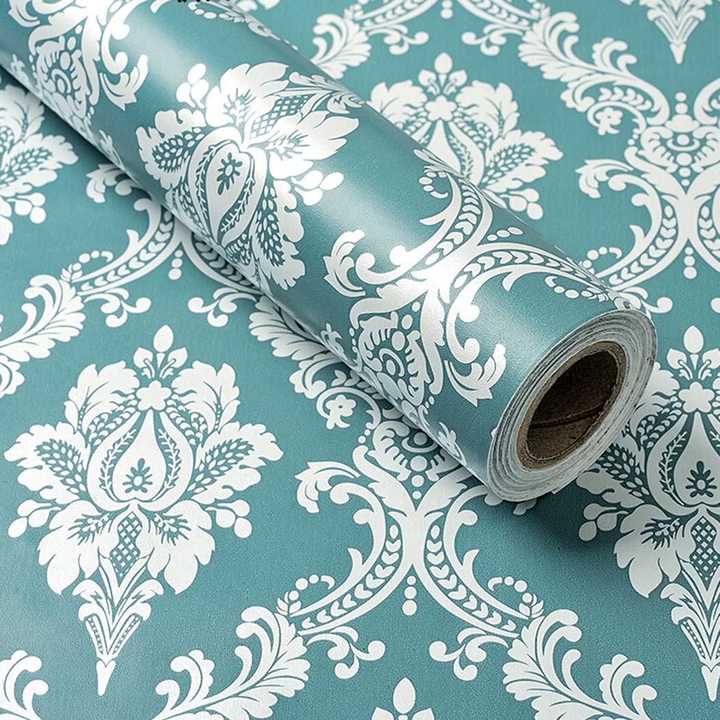 Blue Damask Contact Paper Self Adhesive Shelf Drawer Liner Peel and Stick Damask Wallpaper for Bathroom Living Room 17.7" x 196"