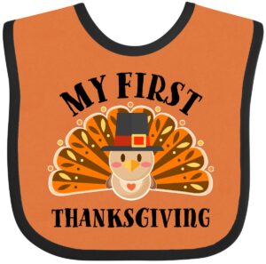 inktastic my first thanksgiving cute turkey pilgrim hat baby bib orange and black 32d96