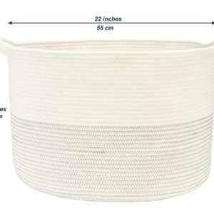 XXXL Cotton Rope Baskets 22 x 14 inches, Jumbo Woven Laundry Blanket Basket with Handles, Large Storage Baskets for Blanket Towels Pillow Clothes, Round Baby Dogs Toy Bins in Living Room Bedroom