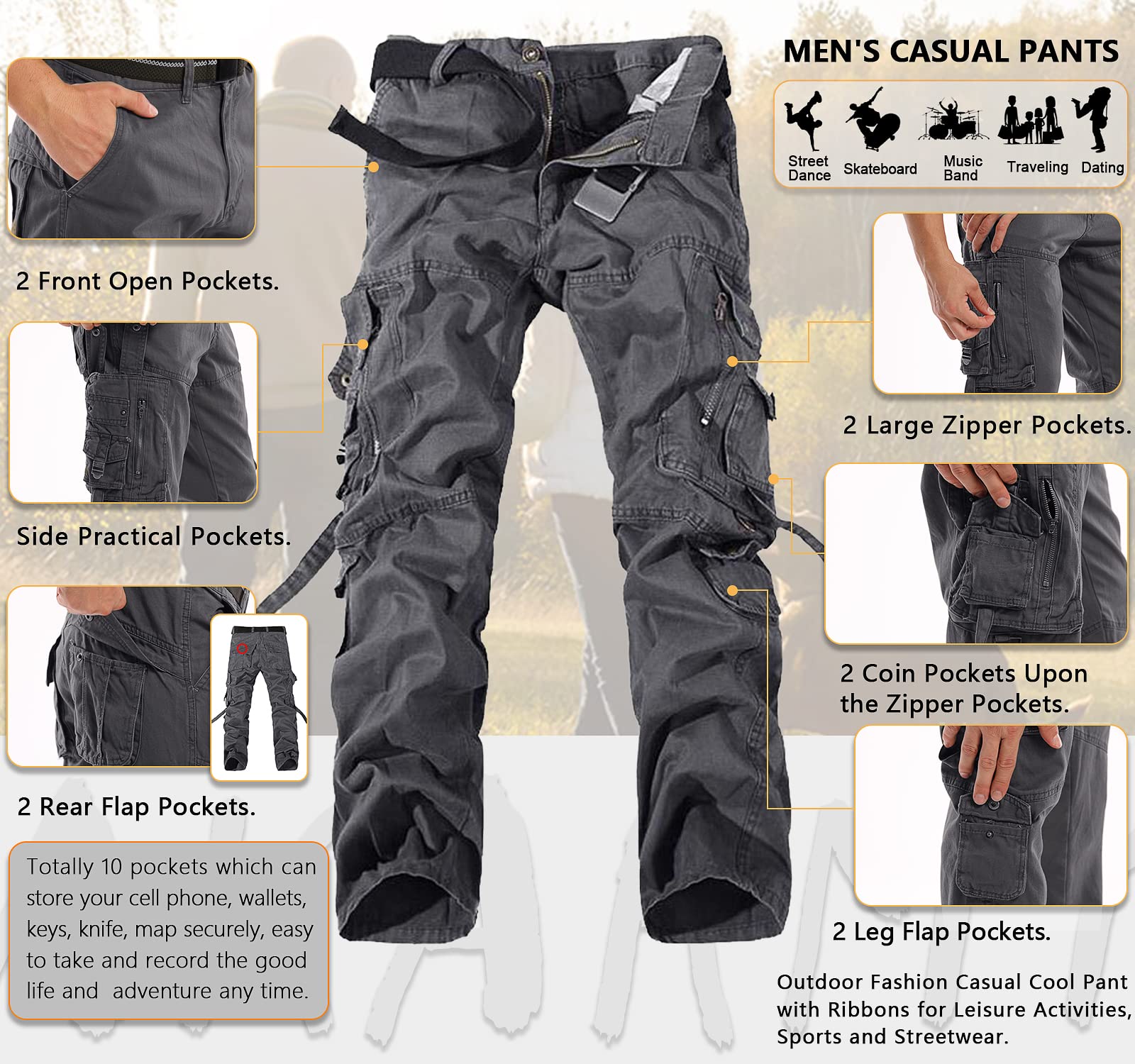 AKARMY Men's Casual Pants, Outdoor Streetwear Techwear Pants, Cargo Pants with Multi-Pocket K03 Gray