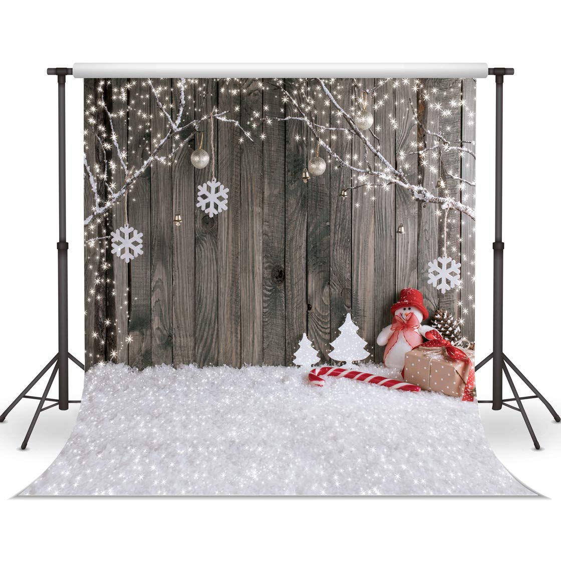 LYWYGG 8X8FT Christmas Backdrop Snow Floor Photo Backgrounds Wooden Wall Photography Backdrops for Child CP-70-0808