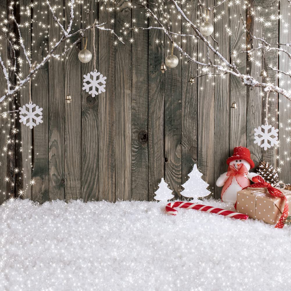 LYWYGG 8X8FT Christmas Backdrop Snow Floor Photo Backgrounds Wooden Wall Photography Backdrops for Child CP-70-0808