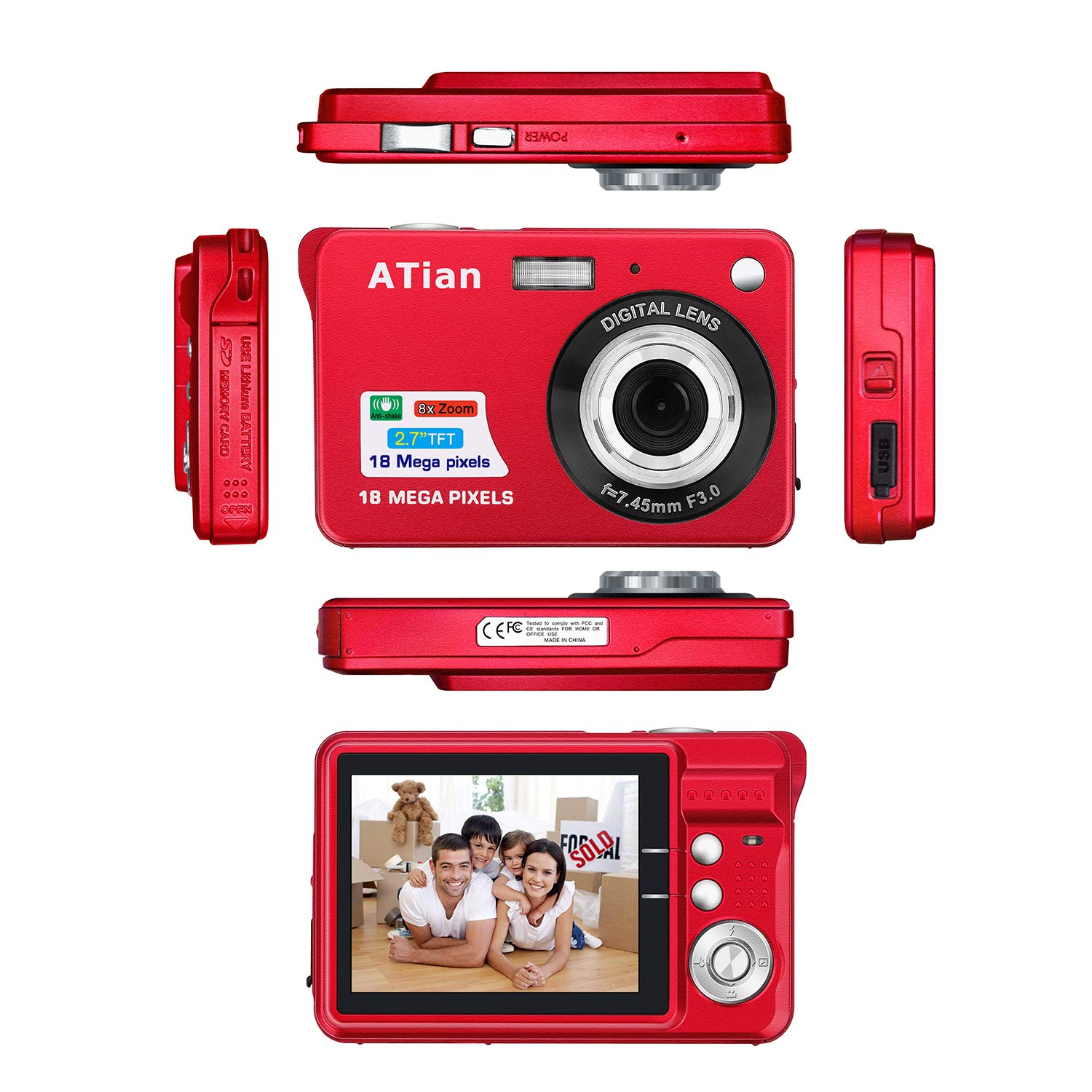 ATian 2.7" LCD HD Digital Camera Amazing Rechargeable Camera 8X Zoom Digital Camera Kids Student Camera Compact Mini Digital Camera Pocket Cameras for Kid/Seniors/Student (Red)