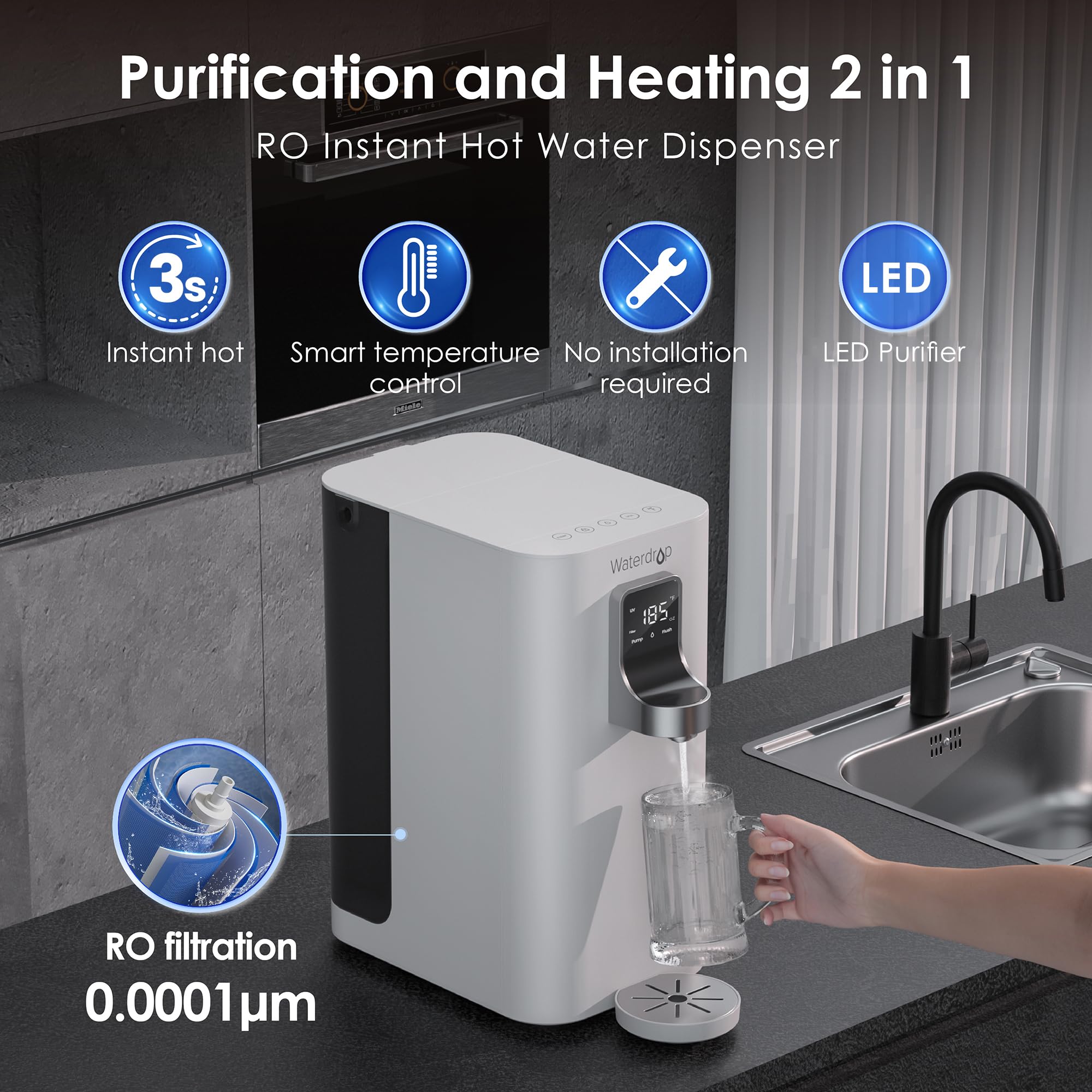 Waterdrop K19-H Countertop Reverse Osmosis System, 𝐈𝐧𝐬𝐭𝐚𝐧𝐭 𝐇𝐨𝐭 Water Dispenser, 4 Stage Reverse Osmosis Water Filter Countertop, 3:1 Pure to Drain, 4 Temperature Options, No Installation