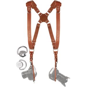 c coiro camera harness for 2 cameras – dual shoulder leather camera strap – double camera harness for dslr/slr, camera straps for photographers of all levels, padded straps/color tan