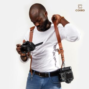 C Coiro Camera Harness for 2 Cameras – Dual Shoulder Leather Camera Strap – Double Camera Harness for DSLR/SLR, Camera Straps for Photographers of All Levels, Padded Straps/Color Tan