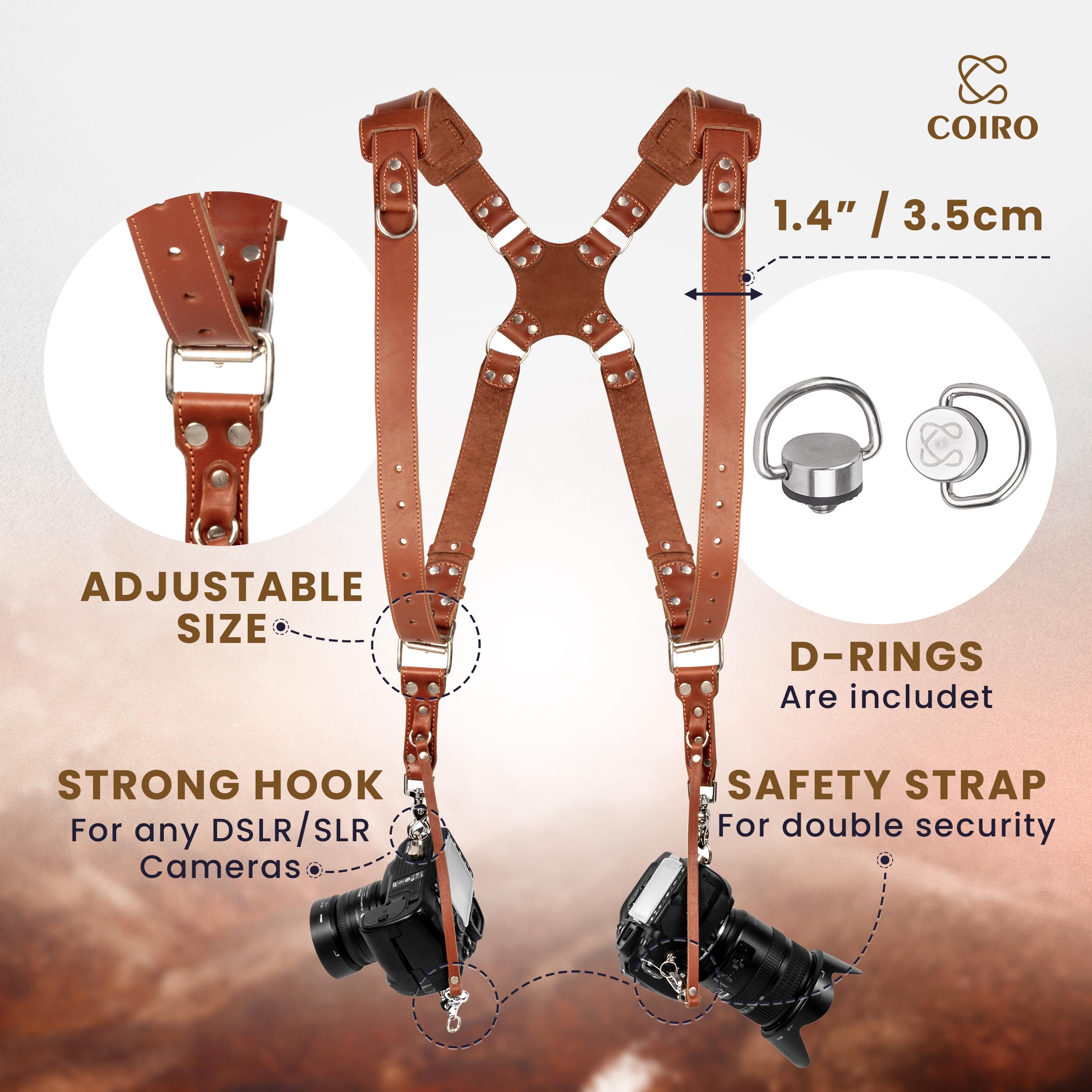 C Coiro Camera Harness for 2 Cameras – Dual Shoulder Leather Camera Strap – Double Camera Harness for DSLR/SLR, Camera Straps for Photographers of All Levels, Padded Straps/Color Tan