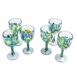 novica handmade recycled glass wine glasses colorful from mexico multicolor tableware drinkware handblown eco friendly [ 7in h x 3.6in diam. 12 oz.] 'tropical confetti'(set of 6)