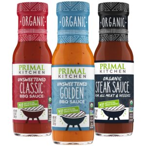 primal kitchen organic bbq sauce & steak sauce 3-pack, made with real ingredients, no cane sugar or corn syrup, includes classic bbq, golden bbq, and steak sauce