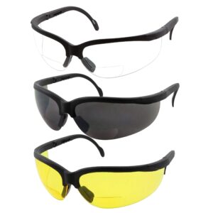 grinderpunch 3 pairs combo bifocal safety reading glasses - assorted colors clear black yellow lens - with side cover (diopter +2.50)
